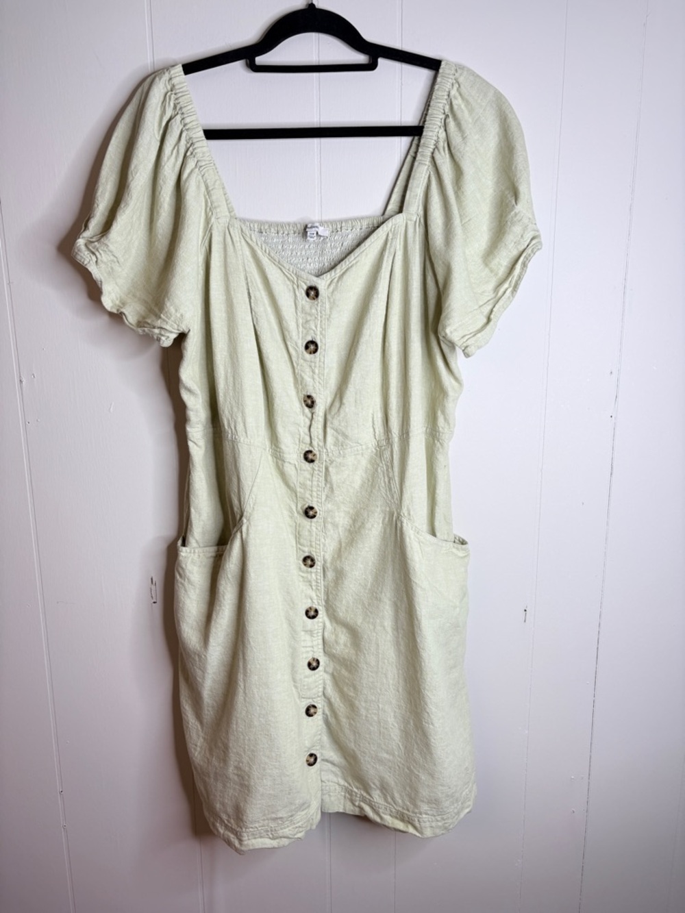 Madewell Plus Linen-Cotton Puff-Sleeve Dress size 16W mini‎ button down ruched - Picture 3 of 7